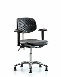 class 100 polyurethane clean room chair - desk height with adjustable arms and stationary glides in blue polyurethane