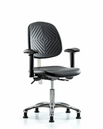 class 100 polyurethane clean room chair - desk height with medium back, adjustable arms, and stationary glides in blue polyurethane