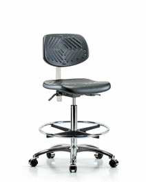 class 100 polyurethane clean room chair - high bench height with seat tilt, chrome foot ring, and casters in blue polyurethane