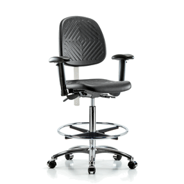 class 100 polyurethane clean room chair - high bench height, medium back, adjustable arms, chrome foot ring, and casters, blue polyurethane