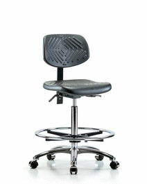 polyurethane chair chrome - high bench height with seat tilt, chrome foot ring, and casters in blue polyurethane