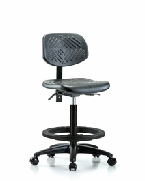 polyurethane chair - high bench height with seat tilt, black foot ring, and casters in blue polyurethane