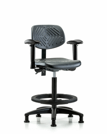 polyurethane chair - high bench height with seat tilt, adjustable arms, black foot ring, and stationary glides in blue polyurethane