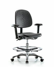 polyurethane chair chrome - medium bench height with medium back, adjustable arms, chrome foot ring, and casters in blue polyurethane