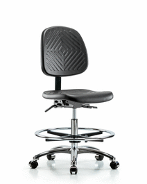 polyurethane chair chrome - medium bench height with medium back, seat tilt, chrome foot ring, and casters in blue polyurethane