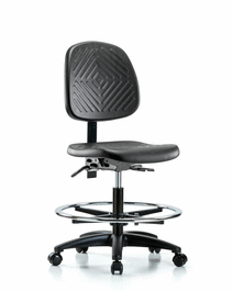 polyurethane chair - medium bench height with medium back, seat tilt, chrome foot ring, and casters in blue polyurethane
