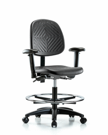 polyurethane chair - medium bench height with medium back, seat tilt, adjustable arms, chrome foot ring, and casters in blue polyurethane