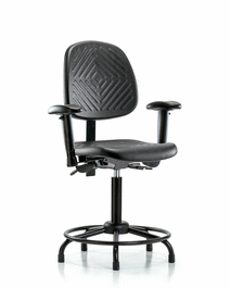 polyurethane chair with round tube base - medium bench height with medium back, adjustable arms, and stationary glides in blue polyurethane