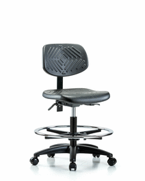 polyurethane chair - medium bench height with chrome foot ring and casters in blue polyurethane