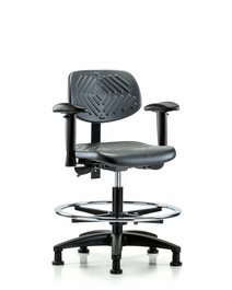 polyurethane chair - medium bench height with adjustable arms, chrome foot ring, and stationary glides in blue polyurethane