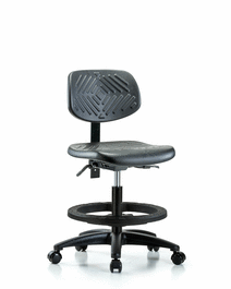 polyurethane chair - medium bench height with seat tilt, black foot ring, and casters in blue polyurethane