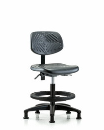 polyurethane chair - medium bench height with seat tilt, black foot ring, and stationary glides in blue polyurethane
