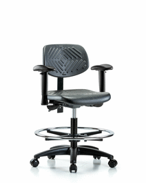 polyurethane chair - medium bench height with seat tilt, adjustable arms, chrome foot ring, and casters in blue polyurethane
