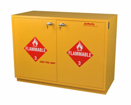 under-the-counter, flammables cabinet, 35 in., double self-closing doors, yellow