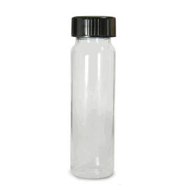 qorpak 4 ml (1 dram) clear borosilicate glass vial with 13-425 black phenolic polycone lined cap attached, vacuum and ionized