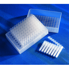 96 well polyethylene cluster tube 8-cap strips, 12 strips per bag, sterile