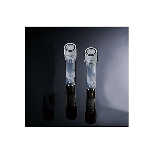 1.5ml clear polypropylene sterile self-standing conical bottom cryogenic vials with external thread and clear o-ring screw caps assembled. 50 vials/bag, 10 bags/pack, 4 packs/case, price/case