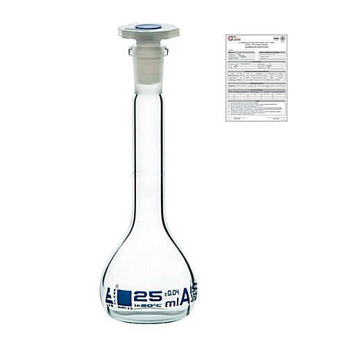 volumetric flask, 250ml, class a, tolerance ±0.15ml, 14/23 pp stopper, white graduation, borosilicate glass, with individual work certificate