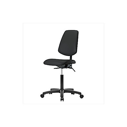 vinyl medium bench height chair with medium back, nylon base, no tilt, no arms, chrome foot ring, glides, charcoal
