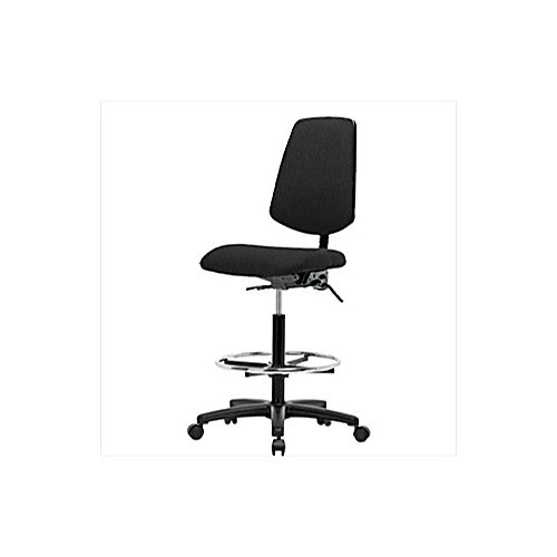 fabric high bench height chair with medium back, nylon base, with tilt, no arms, chrome foot ring, casters, blue