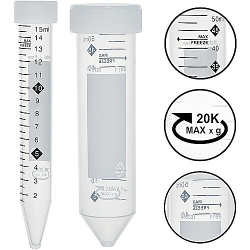 totalpure„¢ centrifuge tubes, metal free, 15 ml, 20,000xg max rcf, sterile, with hi-viz graduations and max freeze line, 20 resealable bags of 25 tubes
