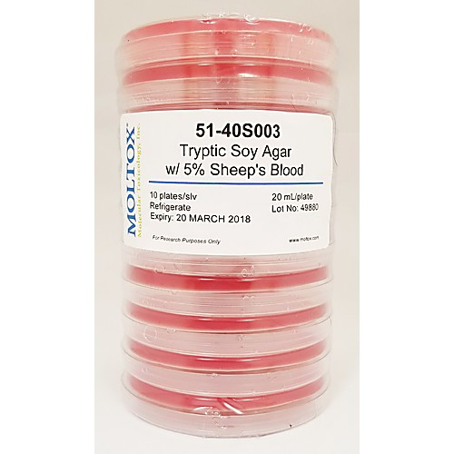 Tryptic Soy Agar w/ 5% Sheep's Blood & 6ug/mL Erythromycin, 20mL/Plate, 10/sleeve