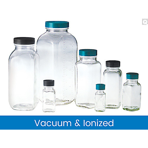 4oz (120ml) Clear French Square with 33-400 Black Phenolic Pulp/Vinyl Lined Cap attached Vacuum & Ionized
