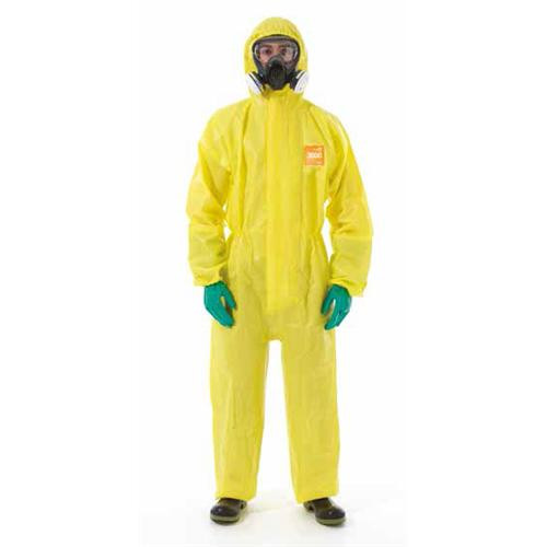 3000 Coverall w/ 2-Piece Respirator Fit Hood, Integrated Socks with Boot Overflap, Double Zip Closure, Double Cuffs, Yellow, M