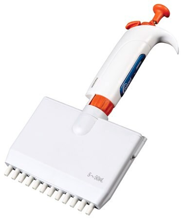pearl(r) pipette adjustable volume 12 channel 5-50 ul white/orange
