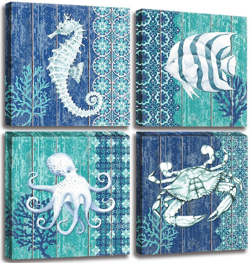 Ocean Life Theme Canvas Wall Art for Bathroom Decor Seahorse Octopus Crab Fish Underwater World Pictures Prints Navy Blue Painting Framed Artworks for Bedroom Decoration Ocean Life Theme Canvas Wall Art for Bathroom Decor Seahorse Octopus Crab Fish Underwater World Pictures Prints Navy Blue Painting Framed Artworks for Bedroom Decoration