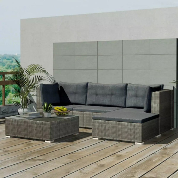 5 Piece Garden Lounge Set with Cushions Poly Rattan Gray 5 Piece Garden Lounge Set with Cushions Poly Rattan Gray