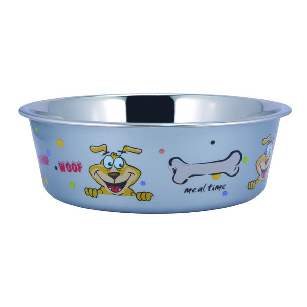 Stainless Steel Pet Bowl with Sneaky Dog Design and Rubber Base, Multicolor Stainless Steel Pet Bowl with Sneaky Dog Design and Rubber Base, Multicolor