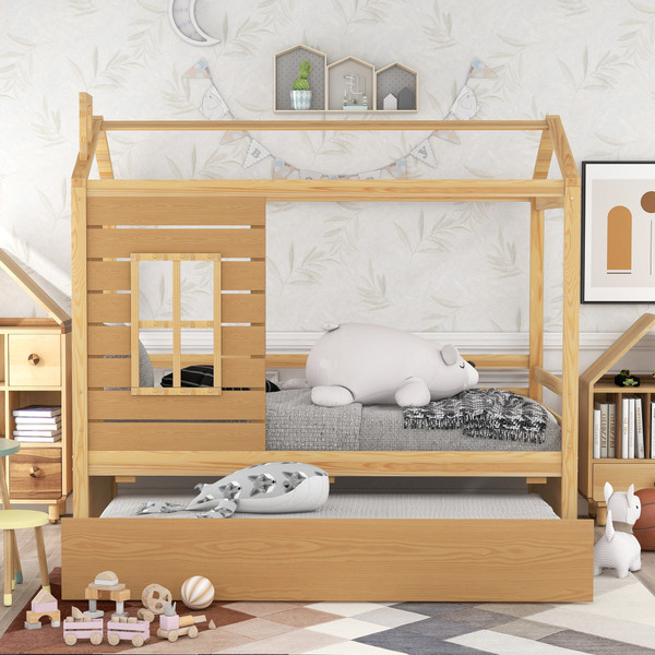 Twin Size House Bed Wood Bed with Twin Size Trundle Twin Size House Bed Wood Bed with Twin Size Trundle