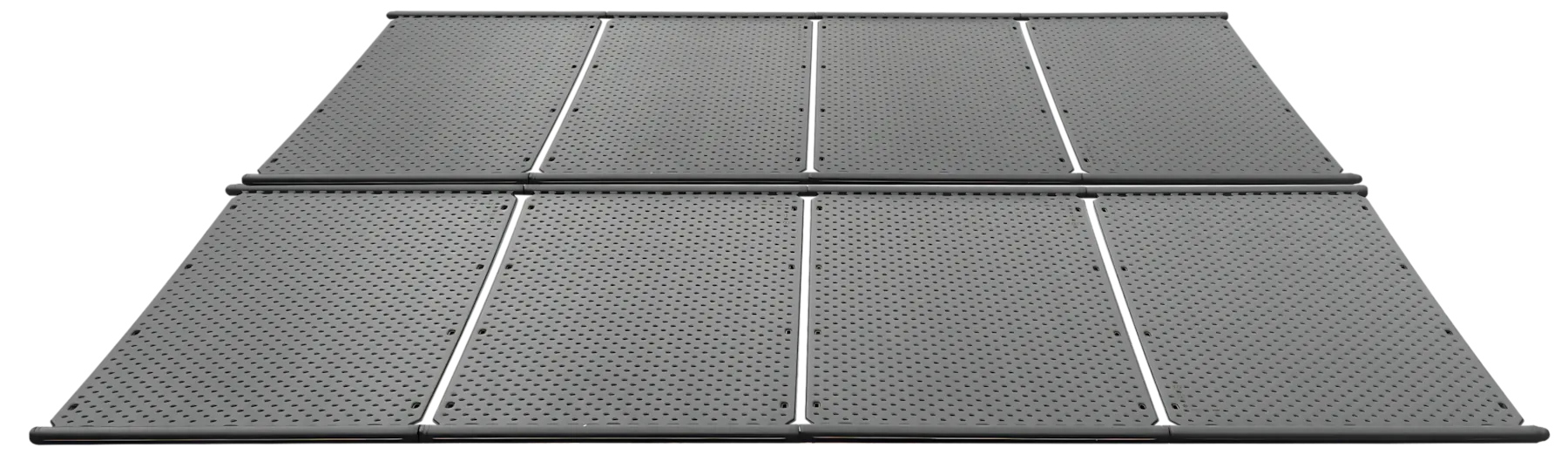 Array of eight OKU solar pool heating panels joined edge to edge in two rows on a roof