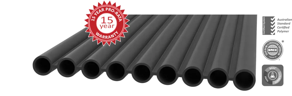 PoolMasterPro solar pool heating tubes with 15 year pro-rata warranty, Australian Standard, SRCC and BASF Luran S badges