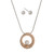 Silver tone necklace set displaying a hammered gold tone ring with a faux ivory pearl. Approximately 18" in length.