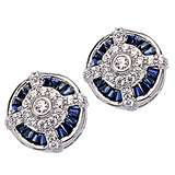 Classic Art Deco Style 925 Sterling Silver Created Sapphire And Cubic Zirconia Earring Studs