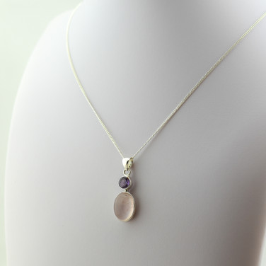 925 Sterling silver rose quartz and amethyst pendant.