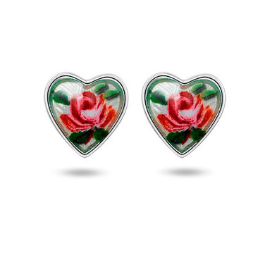 925 Sterling Silver And Rose Patterned Enamel Child's Earrings