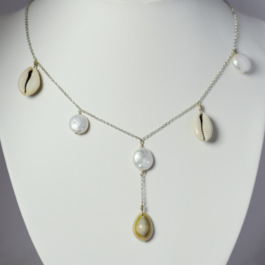 925 Sterling silver, freshwater pearl and cowrie shell necklace