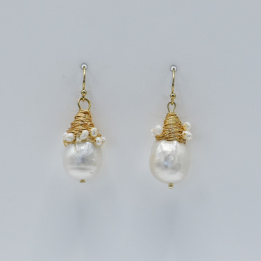 Opulent baroque freshwater pearl gold wire wrapped earrings