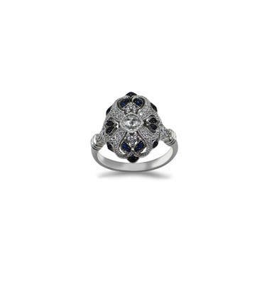 Art Deco Style 925 sterling silver created sapphire and CZ ring