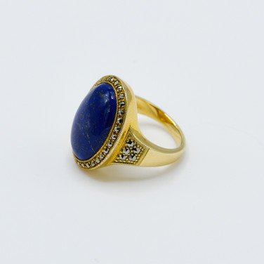 Exclusively Crafted Antique Style 9ct Gold Lapis Lazuli And Marcasite Ring.