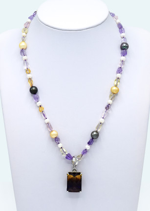 Natural ametrine, south sea pearl, and freshwater pearl gemstone necklace