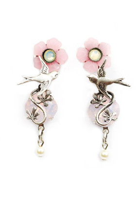 Pretty In Pink Flowers And Swallows  Earrings