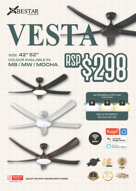 New! Bestar Vesta Smart Ceiling Fan with 36W LED light with dimmer