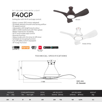 7.7 SALE: KDK Airy Bundle H56GP + F40GP  56" + 40" DC LED Ceiling Fan with Light