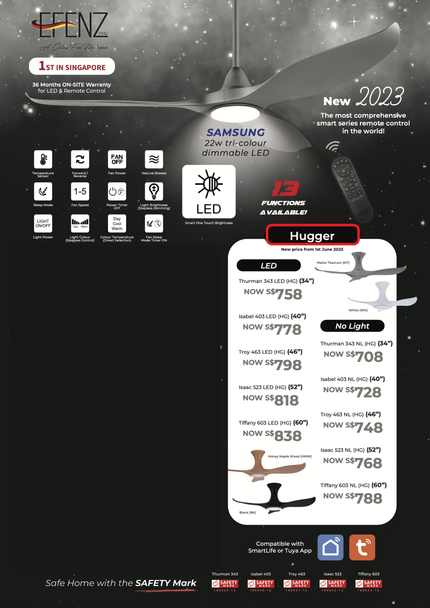 Efenz Hugger Ceiling Fan (Black, White, Honey Maple Wood, Matte Titanium)