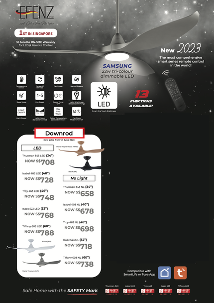 Efenz Downrod Ceiling Fan (Black, White, Honey Maple Wood, Matte Titanium)