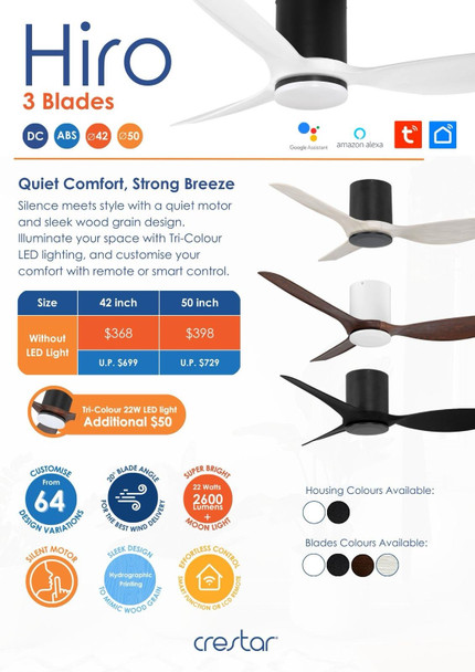 Crestar Hiro 3 Blade 42"/50" Smart Ceiling Fan